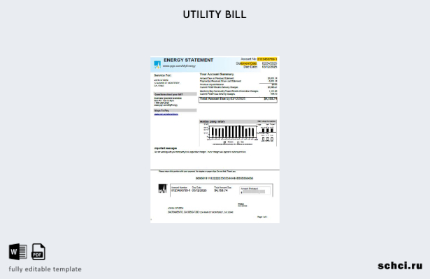 цифровая загрузка шаблона версии счета за коммунальные услуги PG&E для США